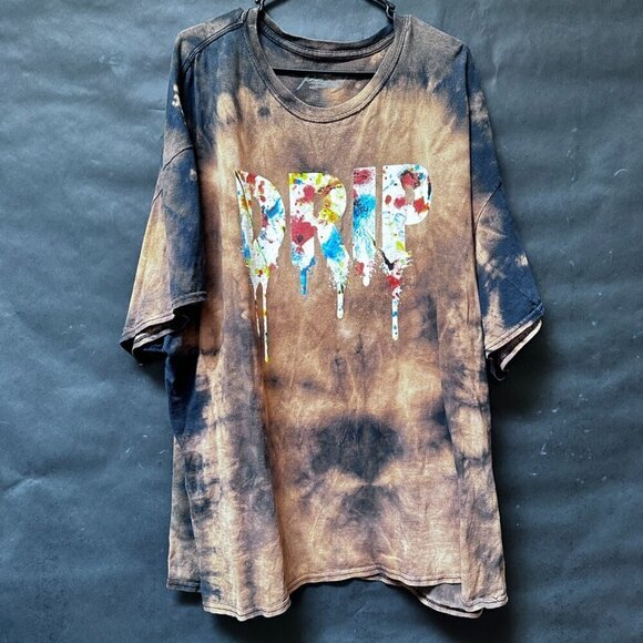 Drip Tee Shirt Size Size 4XL Brown Black Tie Dyed Bleached Grunge 4X Distressed - Picture 2 of 4